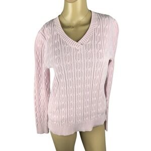 Women's Sz M Cable Knit‎ Sweater  V-Neck Baby Pink 100% Cotton Preppy Coquette